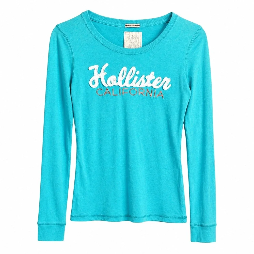 Hollister California Long Sleeve Tee Women's Size L Y2K Aqua Logo Slim Fit Shirt - Picture 2 of 5